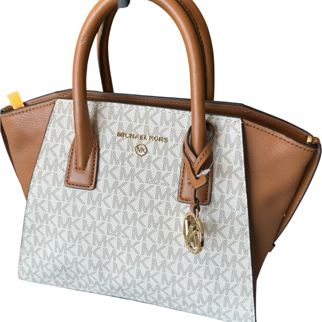 Michael Kors Avril Small Logo Top-Zip Satchel Mk Signature Msrp $398 Tan Ivory